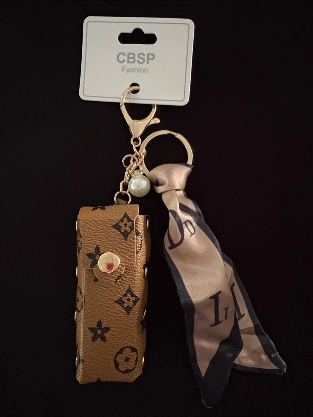 Gold-Tone Fashion Brown Monogram Lipstick Holder Keychain Bag Charm with Scarf